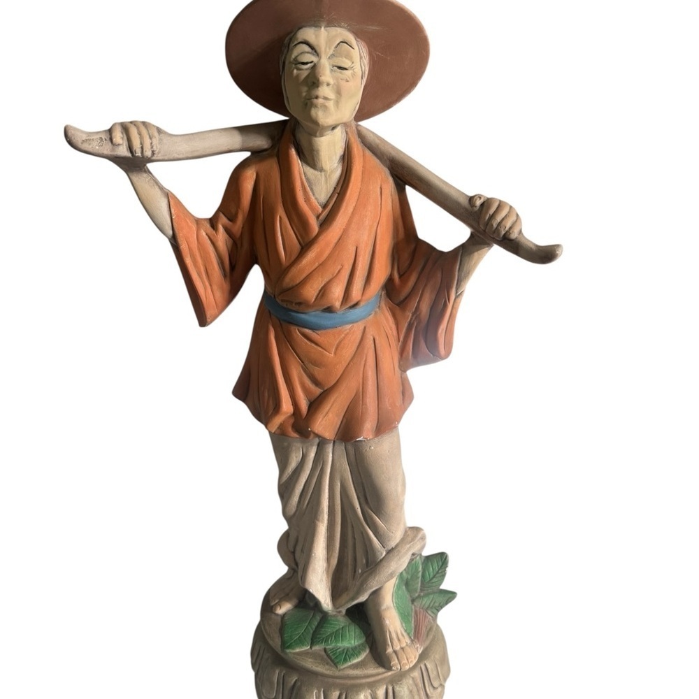 Vintage Asian Handcrafted Farmer Statue in Orange and Brown